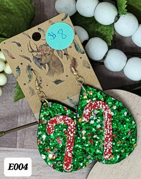 E004 Shimmer Green Candy Canes Earrings