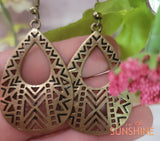 E091 Aztec Teardrop Hooped Bronze Earrings