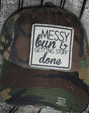 Messy Bun & Getting Stuff Done Women's Distressed Camo Canvas Hat.