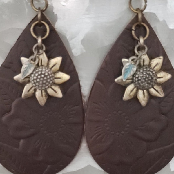 E141 Brown Sunflower Faux Leather Earrings with Sunflower Charm